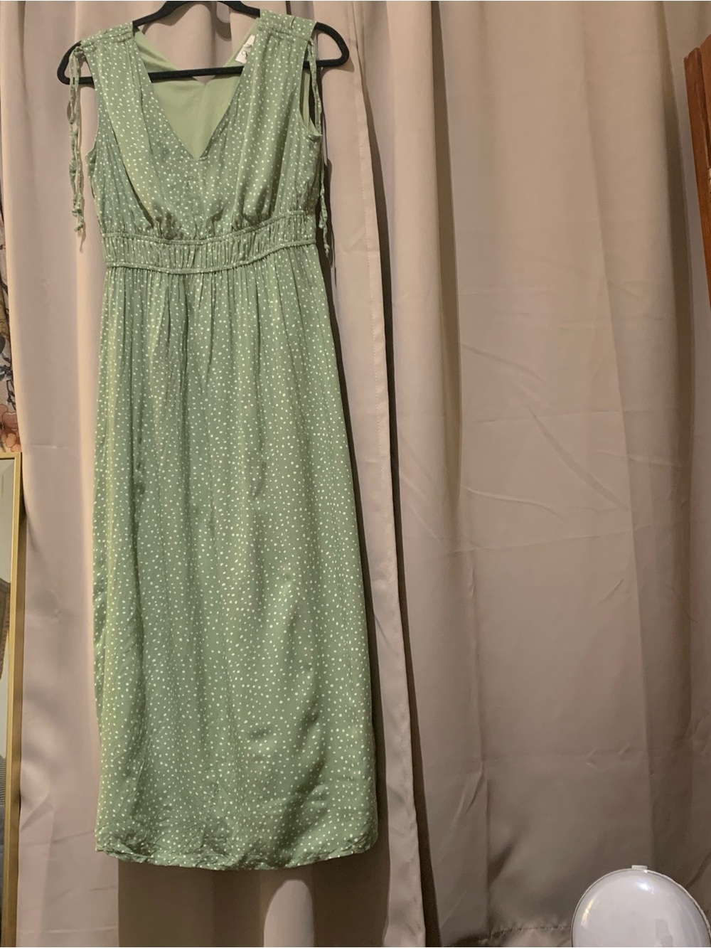 Sleeveless Sage Green Polka Dot Maxi Dress with Smocked Waist